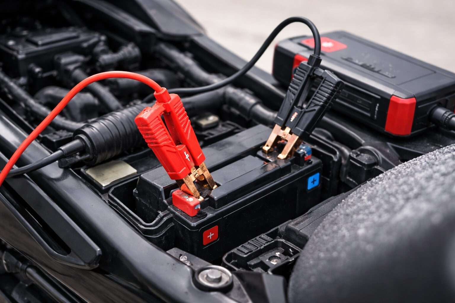 バイクのバッテリーにジャンプケーブルを正しく接続してジャンプスタートしている