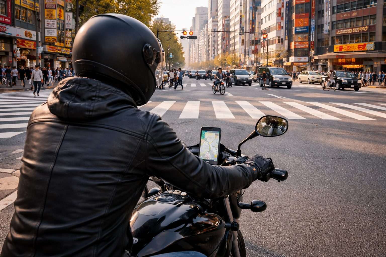 バイクのハンドルにスマホナビをマウントして音声案内で走行するライダー