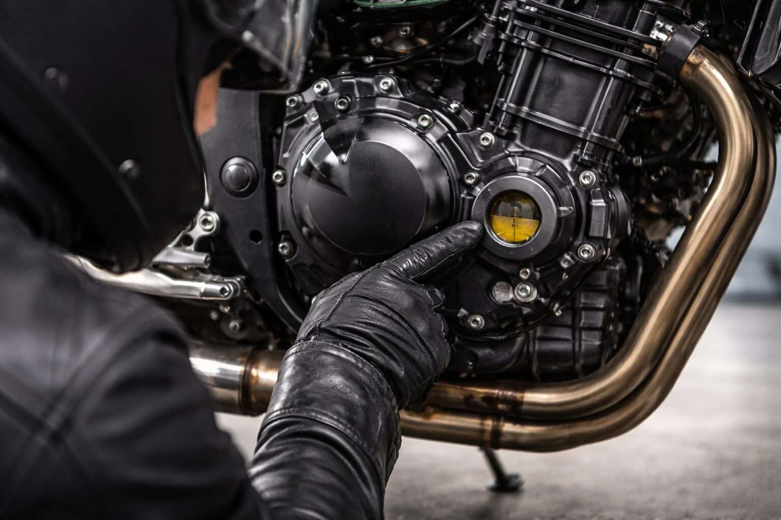 バイクのエンジンオイル点検窓からオイル量を確認している様子