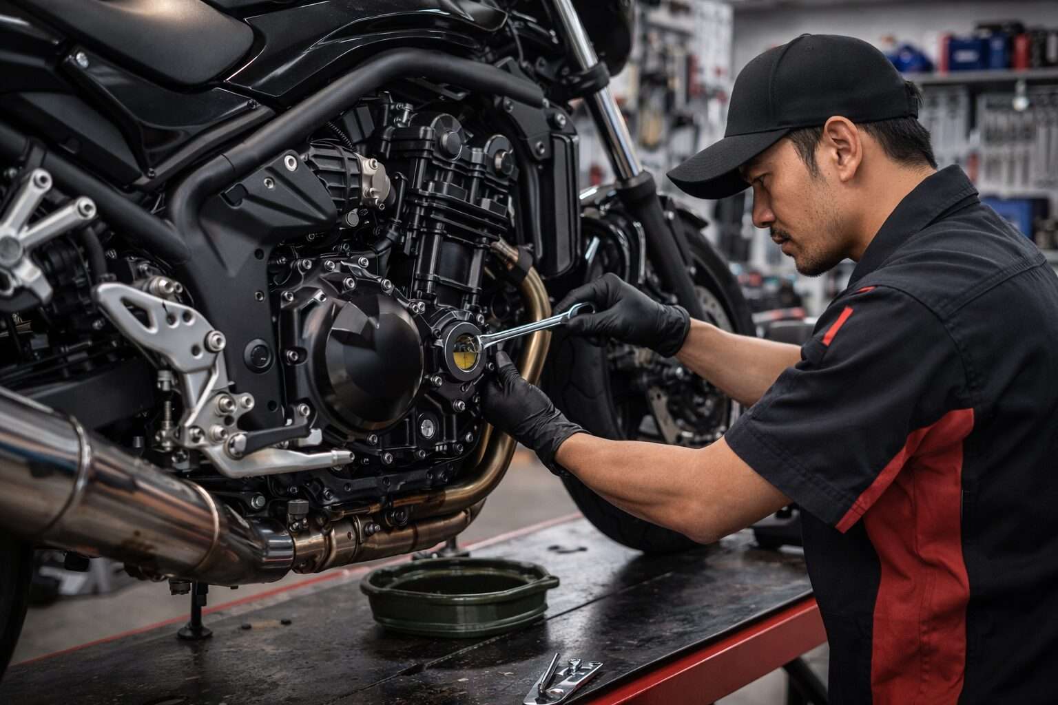 バイクショップでプロの整備士がエンジンを診断している