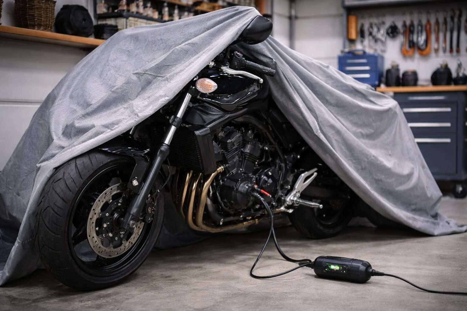 ガレージでバイクにトリクル充電器を接続して冬眠保管している