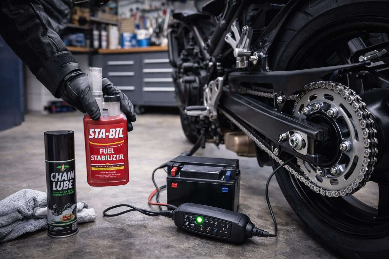 バイクの冬眠前メンテナンス。燃料安定剤やバッテリー充電器を準備