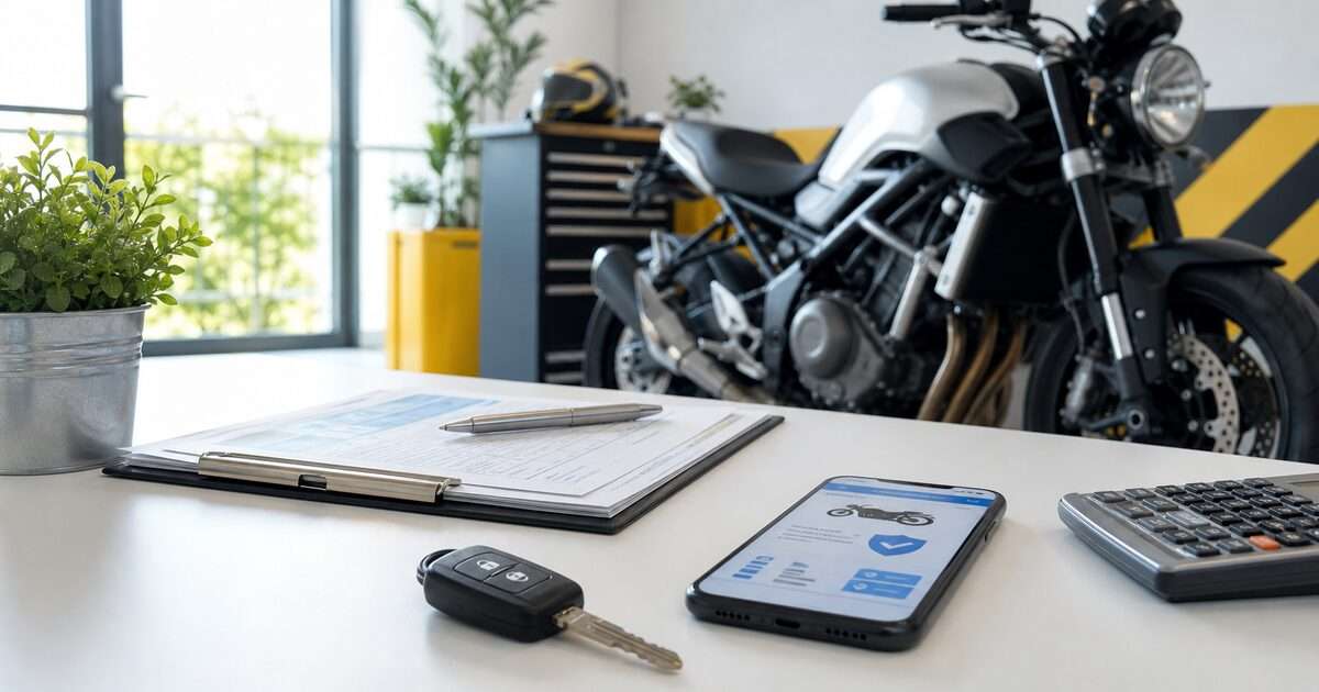 バイク車両保険の判断に使う保険書類と電卓とバイクキーを置いたリアル風画像