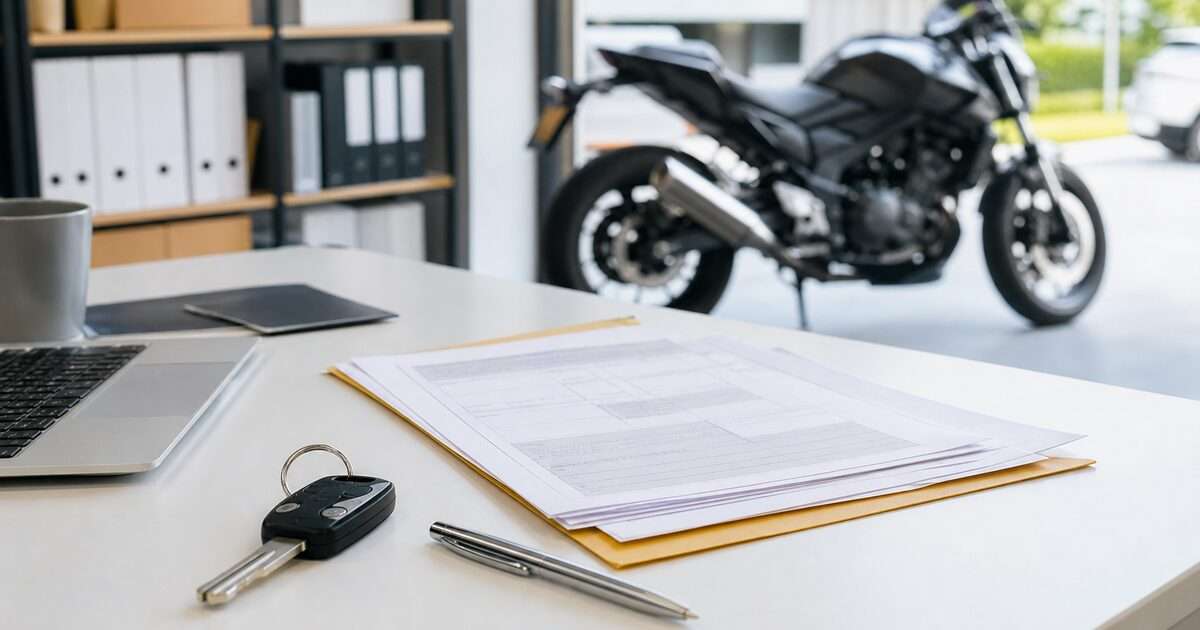 バイク保険の中断証明書に関する書類とバイクキーを置いたリアル風画像