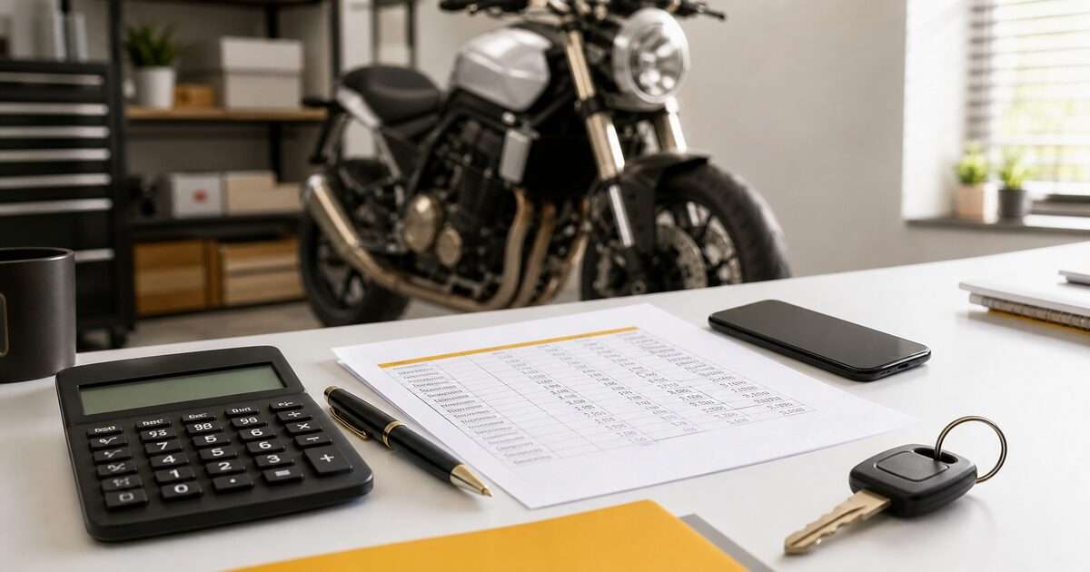 バイクローンの返済予定表と電卓とバイクキーを置いたリアル風画像