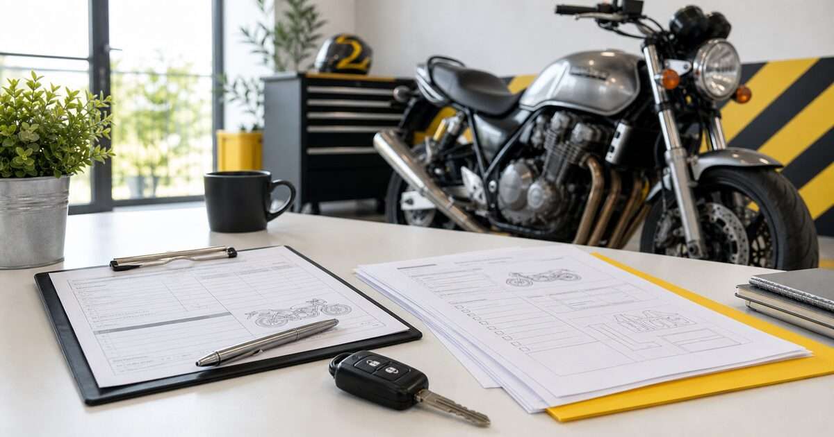 車検切れバイクの売却で使う査定書類とバイクキーとバイクを写したリアル風画像