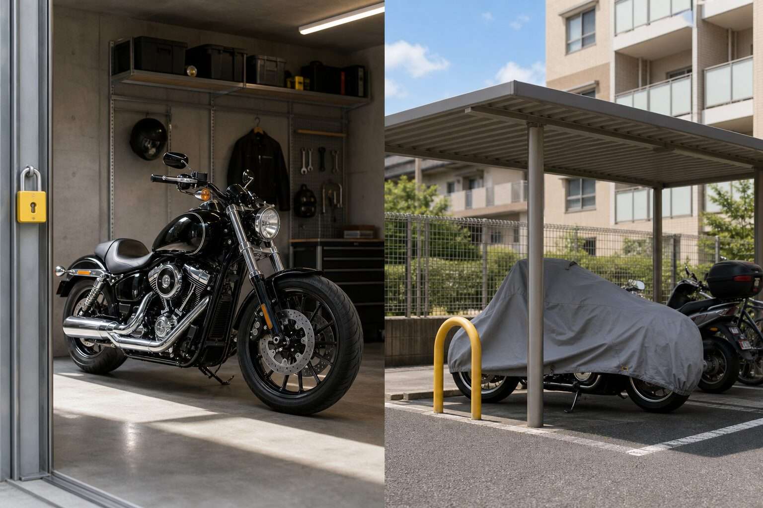 ハーレーの屋内保管と屋外保管で盗難リスクを比べるイメージ