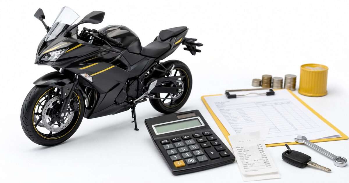 ニンジャ250の維持費を確認する電卓とバイクキーのリアル風画像