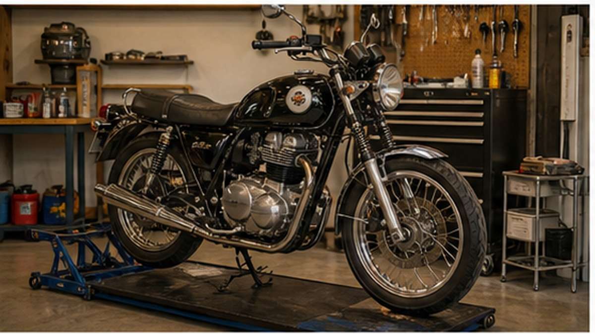 クラシックバイクをガレージで点検するイメージ