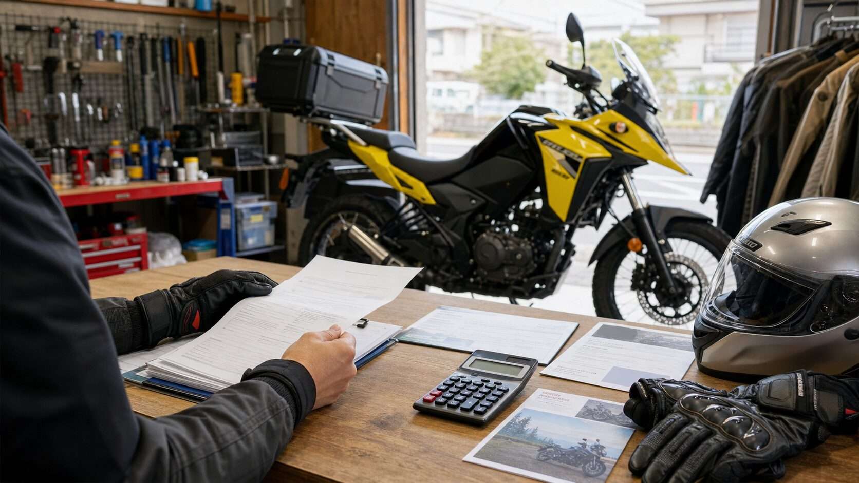 Vストローム250SX風のバイクを前にローンと任意保険の書類を確認する場面